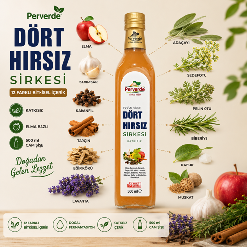 Dört Hırsız Sirkesi 500 ml – 12 Bitkisel İçerikli Katkısız Özel Karışım Sirke