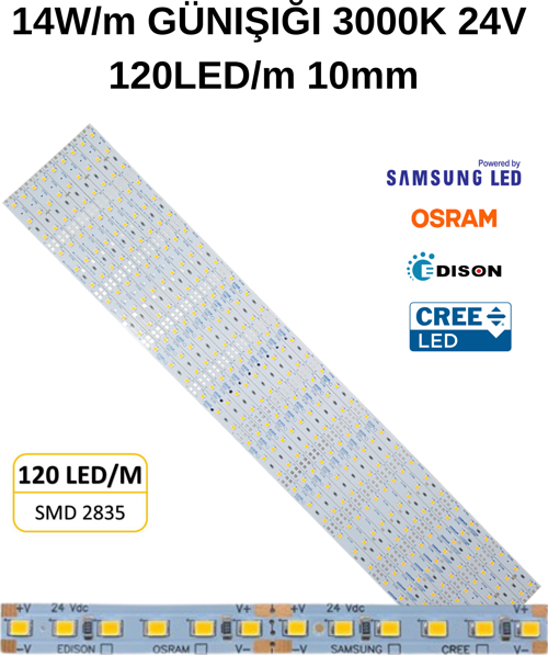 3000K GÜNIŞIĞI DİZGİ LED 24V 120LED/M 14W 10MM