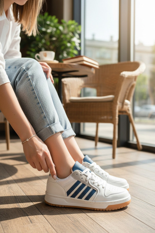 Kadın Spor Ayakkabı Şeritli Kauçuk Görünümlü Tabanlı Casual Sneaker