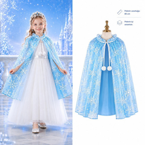 Kar Tanesi Desenli Mavi Pelerini - Astarlı Pelerini 85 cm