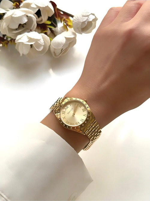 Zirkon Taşlı Rolex Kasa Jübile Kordon Çelik Kadın Kol Saati (Gold)