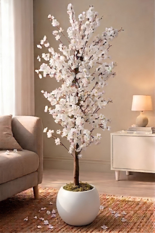 Yapay Beyaz Bahar Dalı Ağacı 200cm - 27x33 cm Küre Saksılı