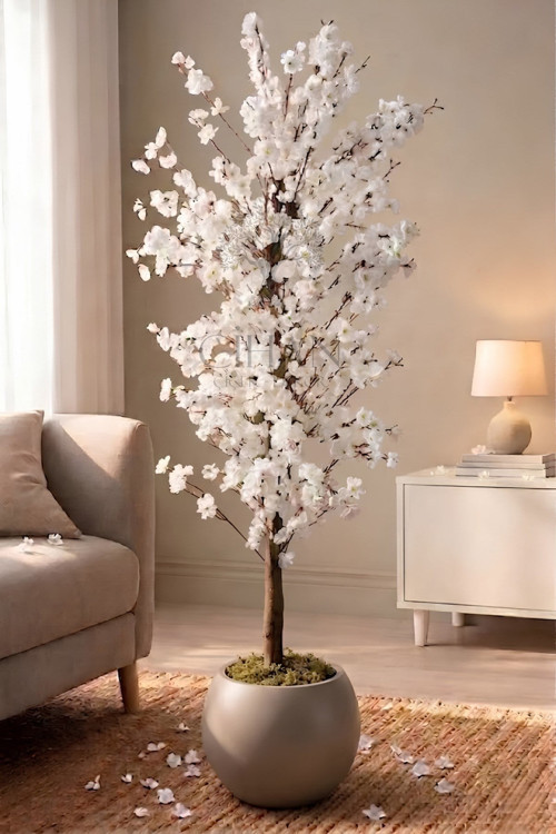 Yapay Beyaz Bahar Dalı Ağacı 180cm- 27x33 cm Küre Saksılı