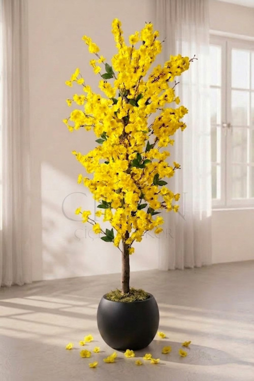 Yapay Sarı Bahar Dalı Ağacı 180 cm Küre Saksılı