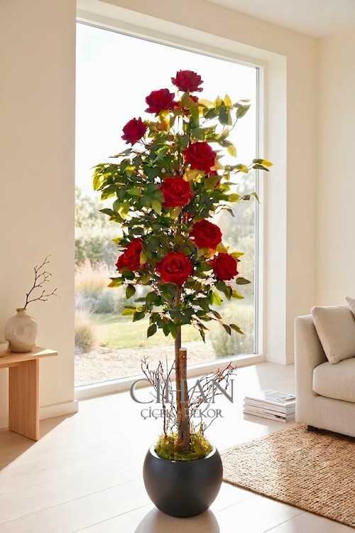 Yapay 10 Güllü Kırmızı Gül Ağacı 150 cm 27x33 Siyah Küre Saksılı