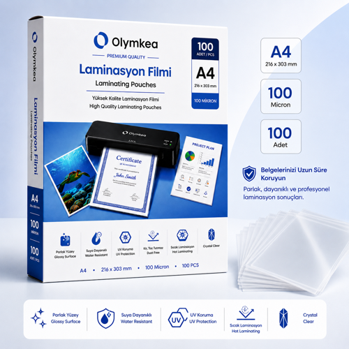 A4 Laminasyon Filmi 100 Mikron – 100 Adet | 216 × 303 mm