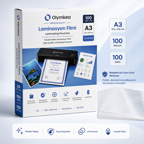 A3 Laminasyon Filmi 100 Mikron – 100 Adet | 303 × 426 mm