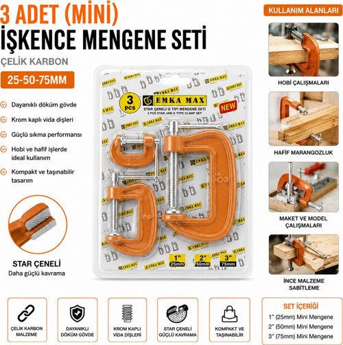 EMKA-5492 İşkence Mengene Seti 25-50-75mm 3 Adet Mini Çelik Karbon