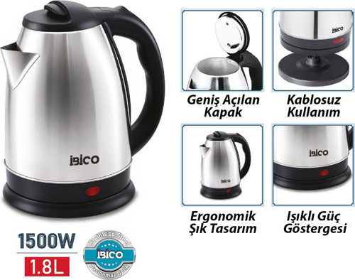 İbico MTF-001 Kettle Elektrikli Su Isıtıcısı 1.8lt 1500W 360° Çelik Paslanmaz Çelik Gizli Rezistans