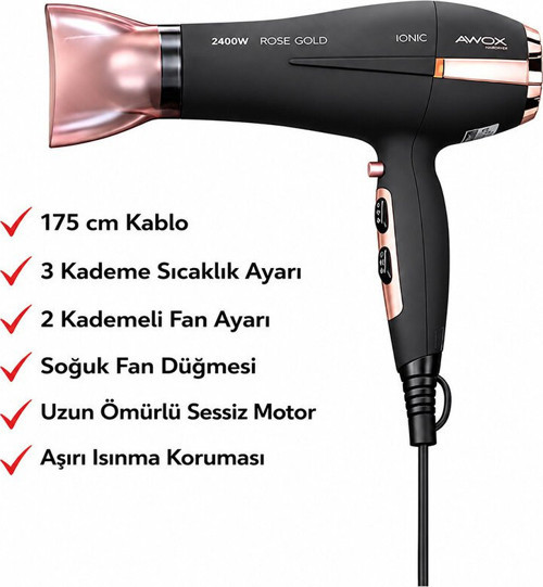 Awox Watson Saç Kurutma ve Fön Makinesi 2400W 2 Kademe Fan 3 Kademe Sıcaklık Siyah Soğuk Üfleme