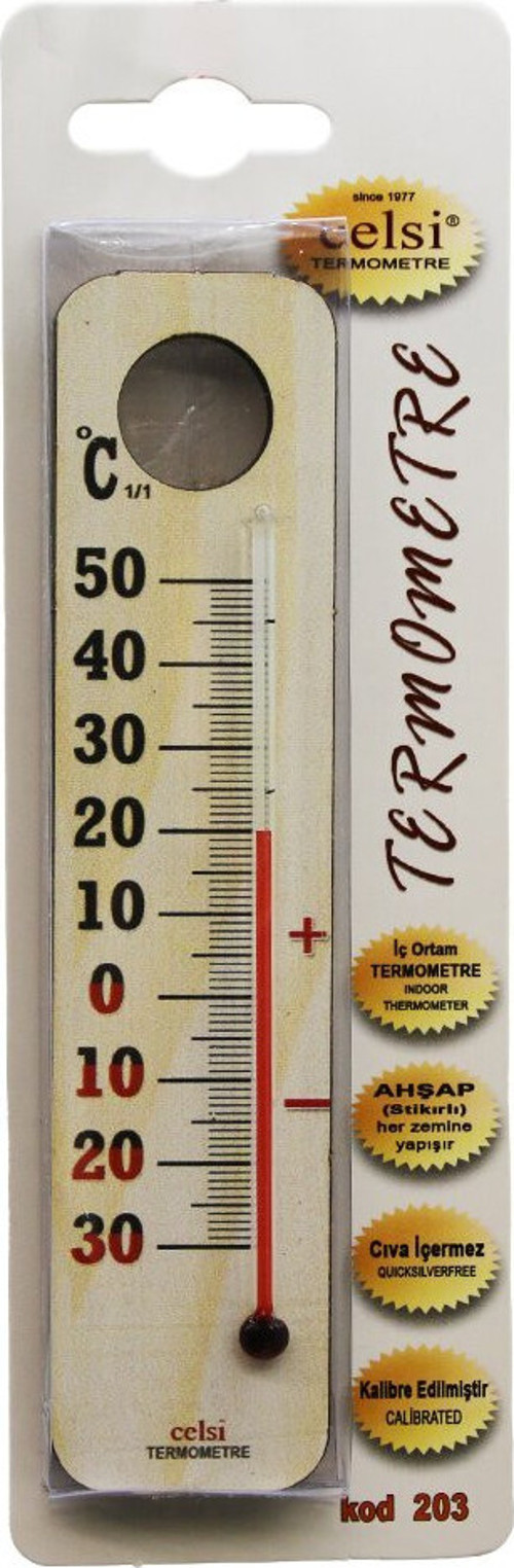 -203 Küçük 3.5x15cm Ahşap Derece İç / Dış Oda Termometresi Kurşun ve Civa İçermez