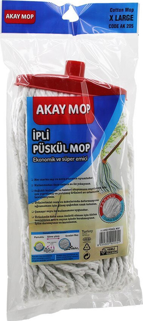 Akay Mop AK-205 Püskül Mikrofiber Endüstriyel Mop Örgülü İpli 27cm X Large Geniş Sap Tutacak