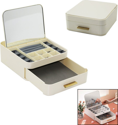 UR-3438 Aynalı Takı Organizer Y:8.5cm 20x22 10 Bölme ÇEKMECE+1 Kat Çek-Bırak Aç-Kapa