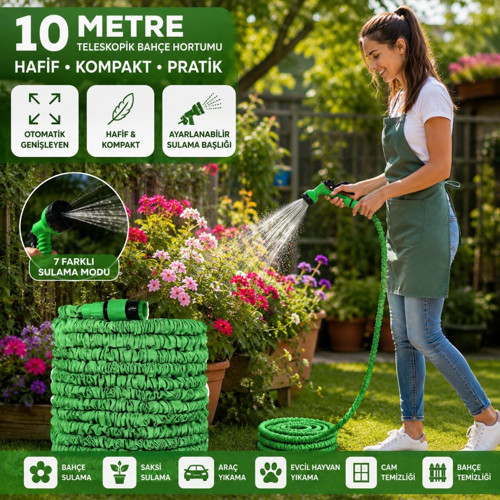 Emka MAX-5464 Bahçe Hortumu 10mt 7 Fonksiyon Ayarlı Tetikli Tabanca Teleskopik Uzayan
