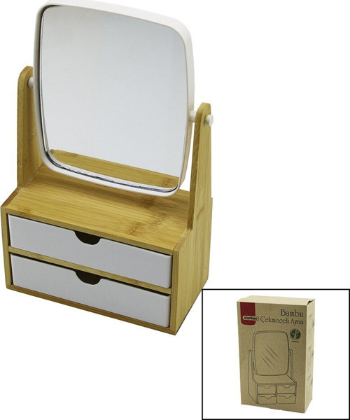 UR-3469 Organizer Makyaj Aynası 15x18cm Bambu Ahşap Standlı 9x9.9x17.8x21.5cm 2 Çekmeceli