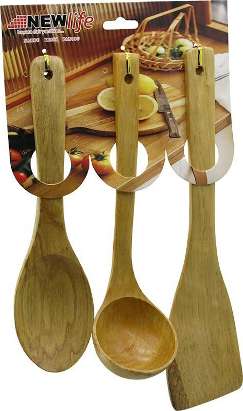 Newlife CLKN-2337 Mutfak Servis Seti Kaşık 27cm Kepçe 27cm Spatula 32cm 3 Adet Ahşap Bambu
