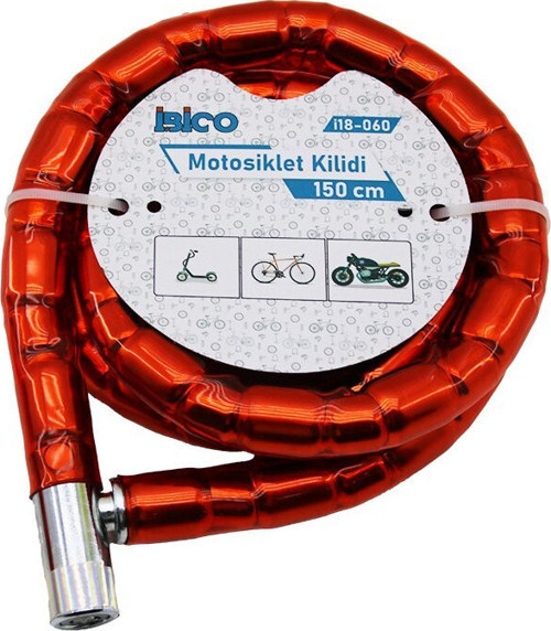 İ18-060 Motor ve Bisiklet Kilit 22mm X 150cm Çelik Metal Kafa Tüp Anahtarlı Kırmızı Kılıf