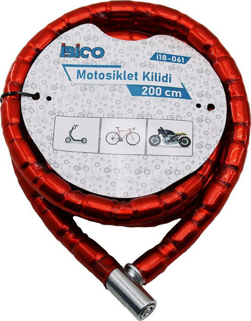 İ18-061 Motor ve Bisiklet Kilit 22mm X 200cm Çelik Metal Kafa Tüp Anahtarlı Kırmızı Kılıf