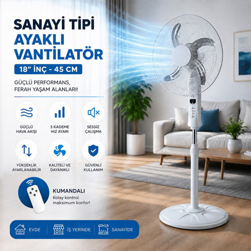 Ayaklı Vantilatör Fan 45 cm Y:137cm 65W SP-53 18" İnc 3-KADEME Hız 5-METAL Pervane Kumandalı