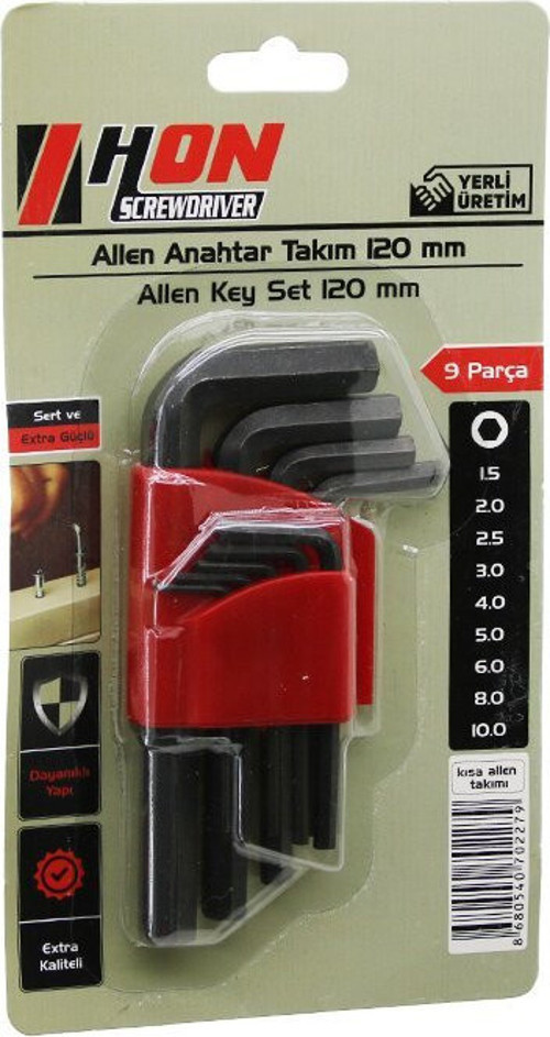 Hon Alyan Anahtar Takımı 120mm 9 Adet BRKT-702279 Kısa Siyah Allen Düz