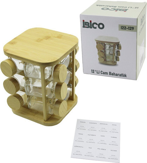 İ22-129 Tuzluk ve Baharatlık Seti Y: 21cm Bambu Stand 17x17cm 12 Adet Kare Bambu Kapak Cam