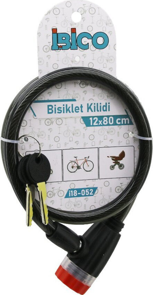 İ18-052 Bisiklet Kilit 12MMX80cm Anahtarlı Çelik Tel Plastik Kafa Siyah Şeffaf Kılıf
