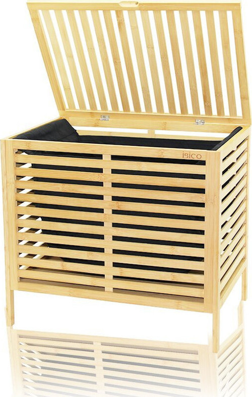 İ21-085 Laundry Basket Kirli Çamaşır Sepeti Sepet 50x38x55cm Kumaş Çantalı Kalın Ahşap Bambu