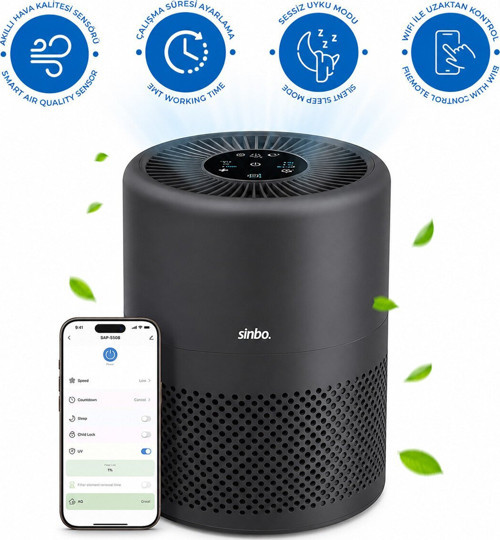 SAP-5508 Hava Temizleme Cihazı 3 Kademe Filtreleme Antrasit Gri Otomatik Fan UV Aydınlatma