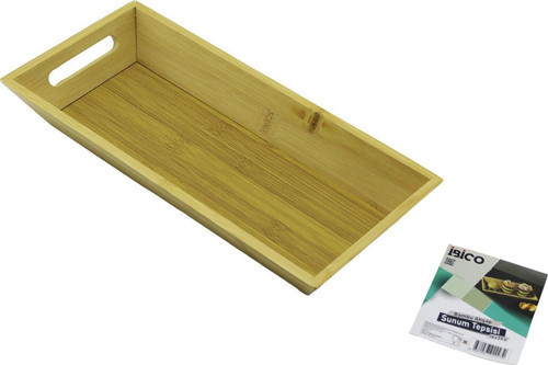 İ22-243 Sunum Tepsisi Derin 4.5cm Dikdörtgen 16x35cm Ahşap Bambu Çift Oyma Kulplu