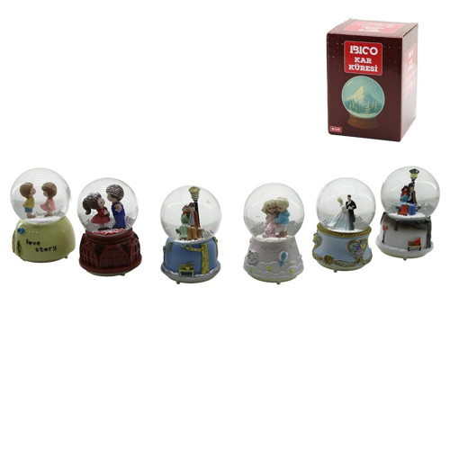 İ12-074 Kar Küresi Cam RENKLİ 8cm Pilli Desen Işıklı Müzikli Orta Boy İnsan Figürlü