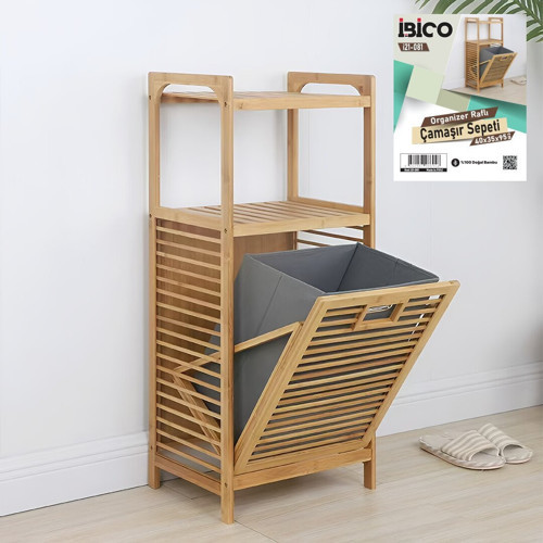 İ21-081 Kirli Çamaşır Sepeti 40x35x95cm 2 Kat Organizer Raflı Önden Çek Aç Kalın Ahşap Bambu