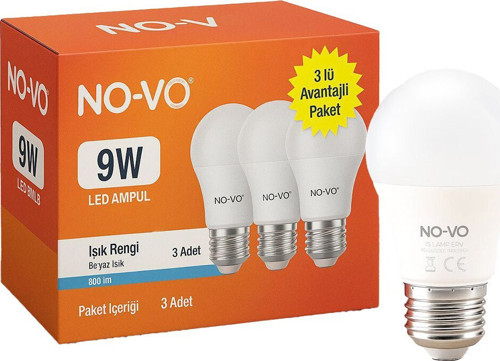 LED Ampul 9W 806LM 6500K 15.000 Saat Ömür 3'lu Avantaj Paket E27 Beyaz