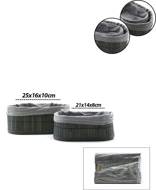 İ22-331 Organizer Sepet 21x14-25x16cm 2 Boy Oval Bezli Bambu Kenar Ahşap Altlık Gri