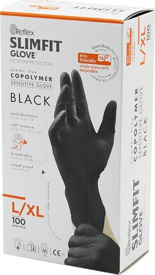 Reflex Slimfit Glove KOD-031 Muayene Eldiven 100'LU Siyah Pudrasız XL