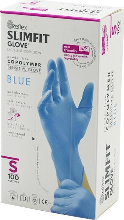 Reflex Slimfit Glove KOD-027 Latex Muayene Eldiven 100'lu Mavi Lateks Pudrasız