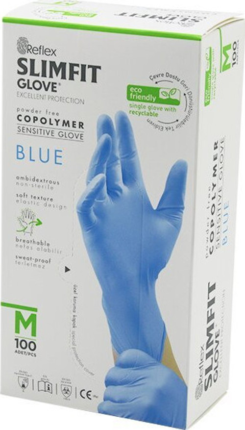 Reflex Slimfit Glove KOD-026 Muayene Eldiven 100'LU Mavi Pudrasız