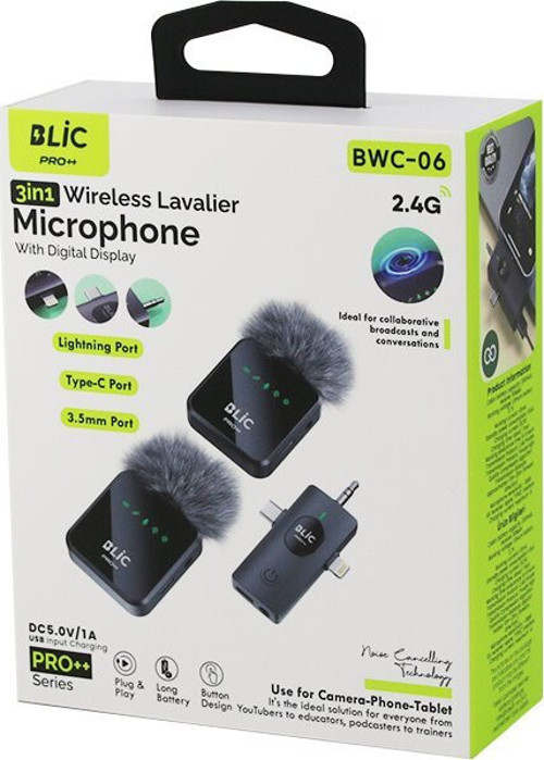 Blic BWM-06 Kablosuz İkili Yaka Mikrofon 5.0V / 1A Lightning - Type-C - 3.5mm Giriş 3İN1 Tüylü