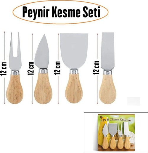 İ22-400 Cheese Knife Set Peynir Bıçak Seti 4 Adet Ahşap Bambu Saplı