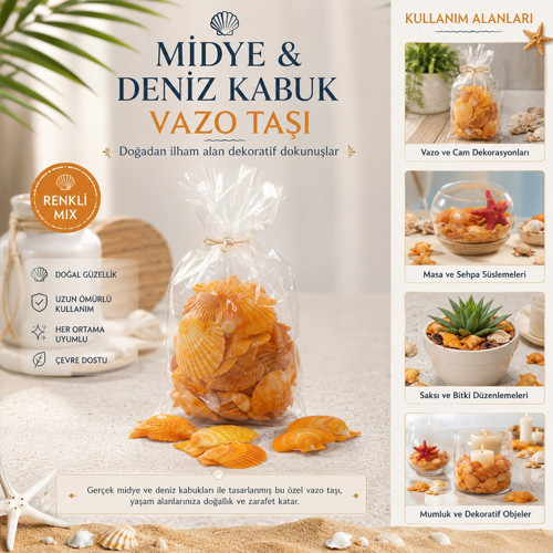 İ12-252 Midye ve Deniz Kabuk Vazo Taşı Renkli Poşetli