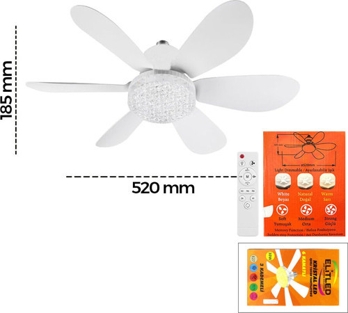 52cm 3-KADEME Hız 2İN1 Tavan Vantilatör 6-BEYAZ Plastik Kanat Kumandalı Avize Lamba