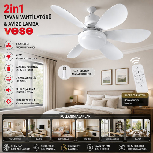 Vese VNT-005 Tavan Vantilatör ve Avize Lamba 40W 6-KANAT 2İN1 Tavan Vantilatör Kumandalı