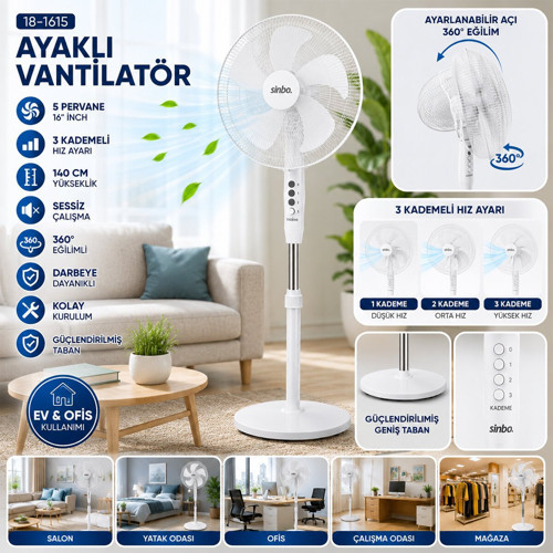 SF-6789 Ayaklı Vantilatör 140cm Yükseklik 16'' 5 Pervane Ofis Beyaz Sessiz Kompakt Üç Kademe