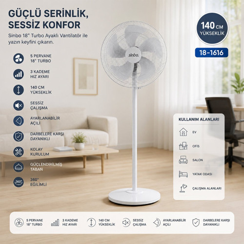 SF-6798 Ayaklı Vantilatör 140cm Yükseklik 18'' 5 Pervane Ofis Beyaz Sessiz Kompakt Üç Kademe