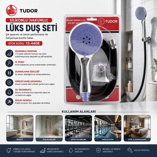 Tudor TDR-253 Milano Lüks Duş Seti Mafsal 3 Kademe Silikon Hortum 1.5mt Vakumlu Duş Başlık
