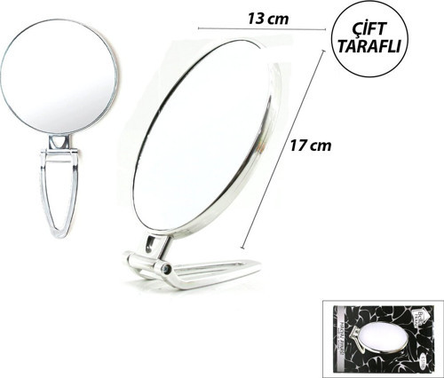 K-5198 Makyaj Aynası 6.5" 16.5x13cm Oval Gümüş Çift Taraflı Katlanır Ayaklı
