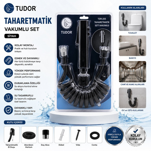 Tudor TDR-255 Taharatmatik Seti Siyah Vakumlu Set Taharatmetik El Duşu- Hortum - Mafsal