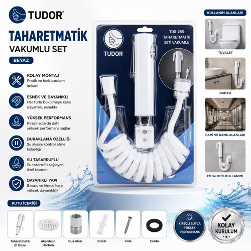 Tudor TDR-255 Taharatmatik Seti Beyaz Vakumlu Set Taharatmetik El Duşu- Hortum - Mafsal