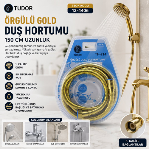 Tudor TH-214 Örgülü Duş Hortumu 150cm Gold Vakumlu Ambalaj
