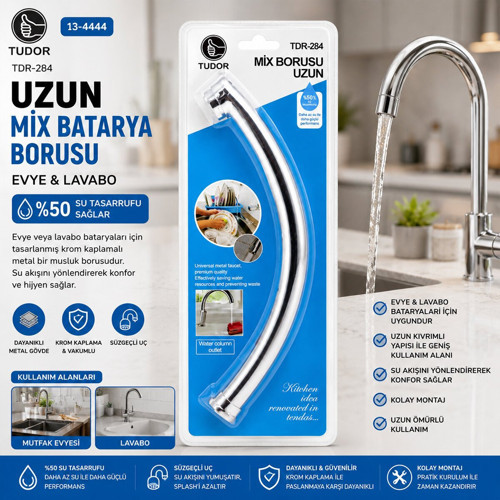 Tudor TDR-284 Uzun Mix Batarya Borusu Kuğu Evye Lavabo Vakumlu Süzgeçli Uç Krom Kaplama
