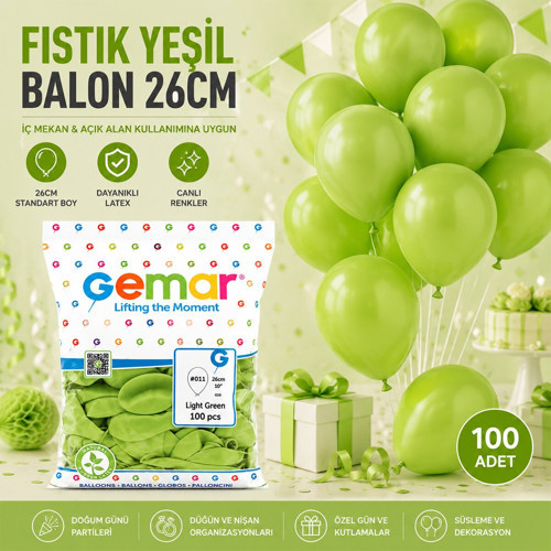 Gemar GM-90-11 Balon 26cm 10'' 100 Adet İç Mekan Fıstık Yeşil